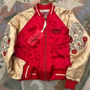 Tokyo Denim Bank Y2K 2000s Vig Varsity Bomber Jacket Embroidered Dragons Sz L